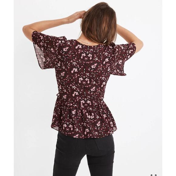 Madewell Georgette Flutter-Sleeve Peplum Paisley Dark Purple Faux Wrap Blouse XS - Picture 2 of 7
